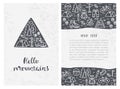 Set of outdoor card backgrounds with linear hiking icons and hand drawn lettering text.