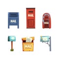 Set of outdoor mail boxes, or vintage post box cartoon vector illustration Royalty Free Stock Photo