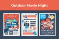 Set outdoor movie night poster vector flat cartoon illustration. Collection open air cinema promo Royalty Free Stock Photo