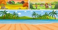 Set of outdoor panoramic landscape with cartoon character