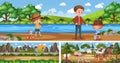 Set of outdoor panoramic landscape with cartoon character