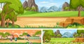 Set of outdoor panoramic landscape with cartoon character