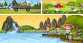 Set of outdoor panoramic landscape with cartoon character