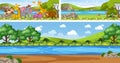 Set of outdoor panoramic landscape with cartoon character