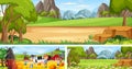 Set of outdoor panoramic landscape with cartoon character