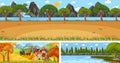 Set of outdoor panoramic landscape with cartoon character