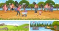 Set of outdoor panoramic landscape with cartoon character