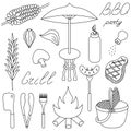 Set of outdoor recreation. Sketch. Collection of barbecue vector illustrations. Bonfire, basket, corn, steak.