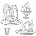 Set of outdoor vintage fountains, vector sketch