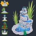 Set of outdoors fountain for gardening, spring and summer plants around garden waterfall, autumn back yard decorative