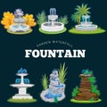 Set of outdoors fountain for gardening, spring and summer plants around garden waterfall, autumn back yard decorative Royalty Free Stock Photo