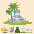 Set of outdoors fountain for gardening, spring and summer plants around garden waterfall, autumn back yard decorative