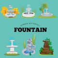 Set of outdoors fountain for gardening, spring and summer plants around garden waterfall, autumn back yard decorative