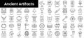 Set of outline ancient artifacts icons. Minimalist thin linear web icon set. vector illustration