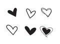 Set of outline black hand drawn heart icon.Hand drawn doodle grunge heart vector set.Rough marker hearts isolated on white backgr