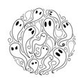 Set of outline cartoon ghosts with emotions in circle. Doodle Spirits in different forms with curls. Halloween elements