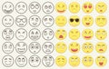 Set of outline and colorful emoticons, emoji isolated on white background. Emoticon for web site, chat, sms. Vector