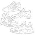 Set of 4 outline Cool Sneakers. Shoes sneaker outline drawing vector, Sneakers drawn in a sketch style, sneaker trainers template