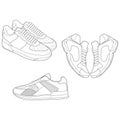 Set of 3 outline Cool Sneakers. Shoes sneaker outline drawing vector, Sneakers drawn in a sketch style, sneaker trainers template
