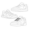 Set of 3 outline Cool Sneakers. Shoes sneaker outline drawing vector, Sneakers drawn in a sketch style, sneaker trainers template