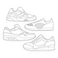 Set of 4 outline Cool Sneakers. Shoes sneaker outline drawing vector, Sneakers drawn in a sketch style, sneaker trainers template