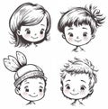 Set of outline cute smiling cartoon kids faces. Children portrait. Sketch illustration