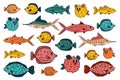 Set of outline different cartoon vector underwater fish, tang, flounder, tuna, ocean burrfish, sea marlin. Doodle isolated animals