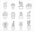 Set of outline doodle cactus and succulents. Collection with different types of cacti and home plants. Black and white Royalty Free Stock Photo