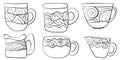 Set of outline doodle cups with ornate patterns, fantasy zen cups sugar bowl coloring page