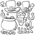 Set of outline doodles for St. Patrick\'s day, symbols of good luck in a simple linear style