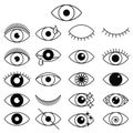 Set of outline eye icons. Open and closed thin line eyes, sleeping eye shapes with eyelash