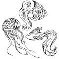 Set of outline fish and jellyfish, decorated boho pattern.