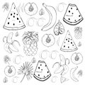 Set of outline fruit icons. Watermelon pieces, peach, apricon, banana, pineapple and leaves. Hand drawn style. Isolated design Royalty Free Stock Photo