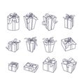 Set of outline gift icons. Black and white line boxes with ribbons, isolated illustration.