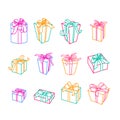 Set of outline gift icons. Multicolor gift boxes with ribbons, isolated illustration.