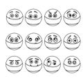 Set of outline hand draw emoji in mask, vector illustration emotion with protection mask