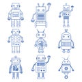 Set of outline icons of various robots