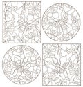 A set of outline illustrations with insects and flowers, Rhino beetle and bee, dark outlines on white background Royalty Free Stock Photo