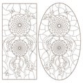 Contour set with illustrations of stained glass Windows with dream catchers and butterflies, dark outline on white background