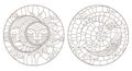 Contour set with illustrations of stained glass Windows with sun and moon on cloudy sky background, dark outlines on white backgro