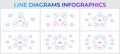 Set of outline infographic circles elements. Vector diagrams with 3, 4, 5, 6, 7 and 8 options, steps or processes