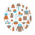 Set of outline isolated vector icons. Home stuffs, food, clothes shoes toys. Cutout silhouette poster for shopping. Flat round