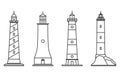 Set of outline lighthouse icons for isolated on white background. Searchlight towers for maritime navigation guidance