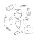 Set of outline medical icons of tools and medicines - first aid kit, syringe, stethoscope, thermometer, medical mask, seals,