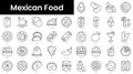 Set of outline mexican food icons. Minimalist thin linear web icons bundle. vector illustration Royalty Free Stock Photo