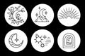 Set of outline mystical icons in boho style, celestial bodies, flowers. Black and white design. Illustration, templates