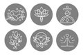 Set of outline mystical icons in boho style, flowers, geometric shapes. Black and white design. Illustration, templates