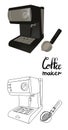 Set of outline and realistic coffee machine with portafilter. Lettering coffee maker. Vector illustration. Royalty Free Stock Photo