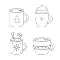 Set of outline sketches of Christmas winter cups with sweets. Vector illustration