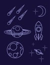 Set of outline space icon planet spaceship, asteroid and others flat vector illustration on dark background